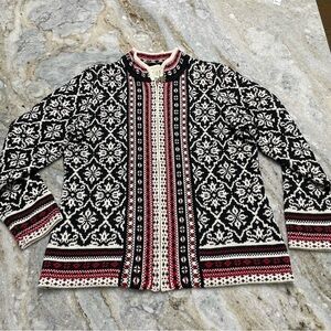 Appleseed’s “Northern Lights” Black/Red/White Long Sleeve Zip Cardigan Sweater